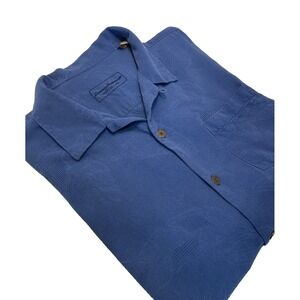 Tommy Bahama XL 100% Silk Short Sleeve Button Up Shirt Blue Camp Beach Tropical